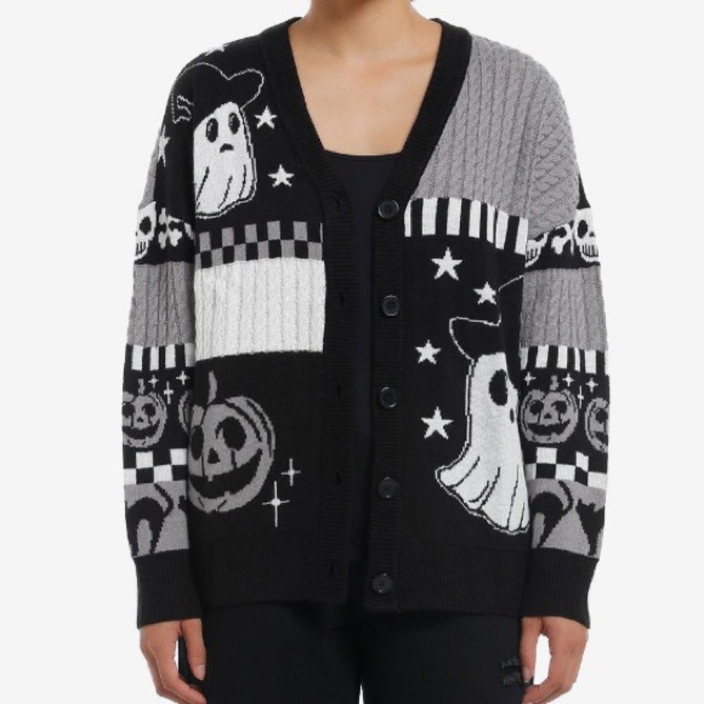 Sweet Society Black & White Ghost Patchwork Cardigan Hot Topic Halloween Horror